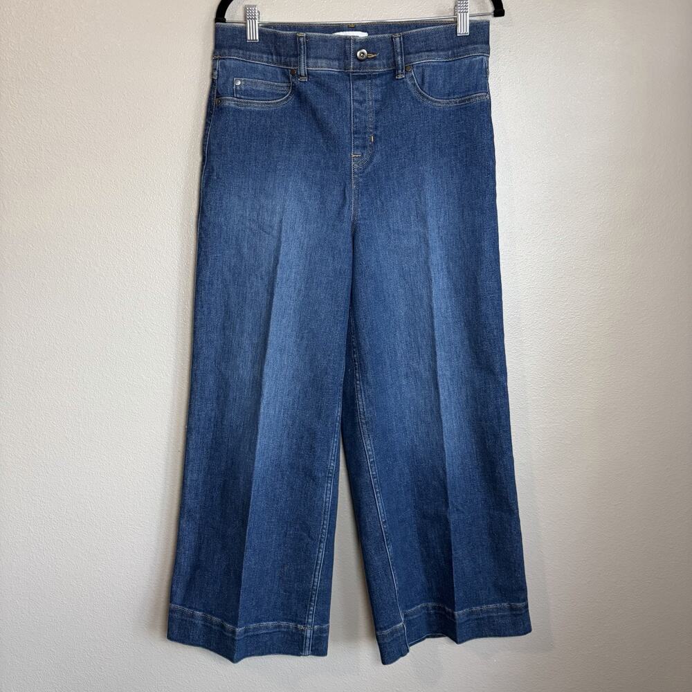Spanx Wide Leg Crop Jeans Dark Indigo Denim Pants Size L Blue Stretch Shaping
